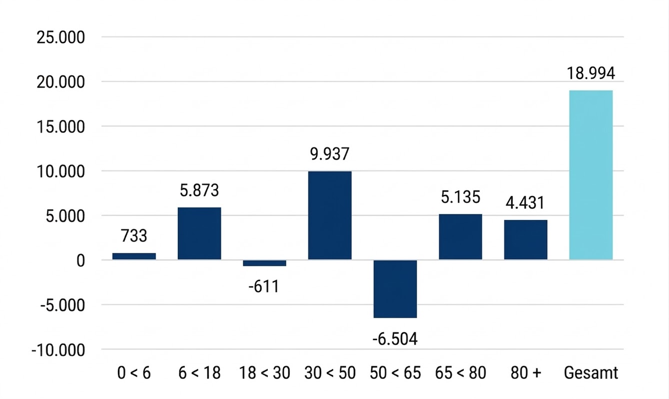 Balkendiagramm mit Werten nach Altersgruppen (0–6 bis 80+), teils negative Balken, hervorgehobener Gesamtwert 18.994